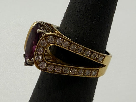 Women's 18K Gold Diamond and Rhodolite Garnet Ring - Size 5