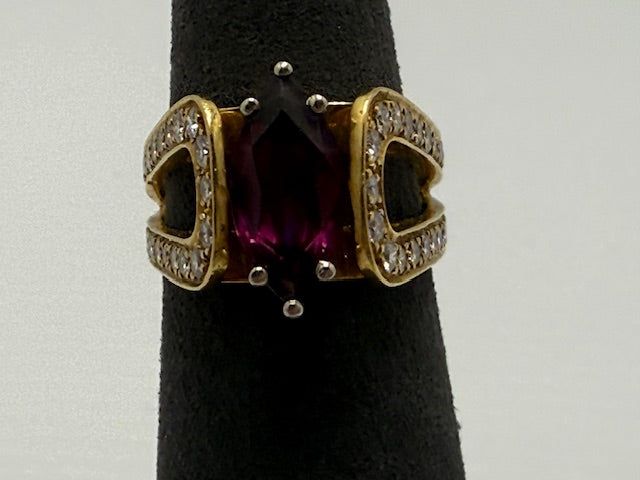 Women's 18K Gold Diamond and Rhodolite Garnet Ring - Size 5