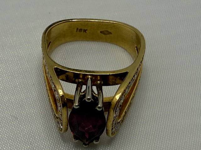 Women's 18K Gold Diamond and Rhodolite Garnet Ring - Size 5